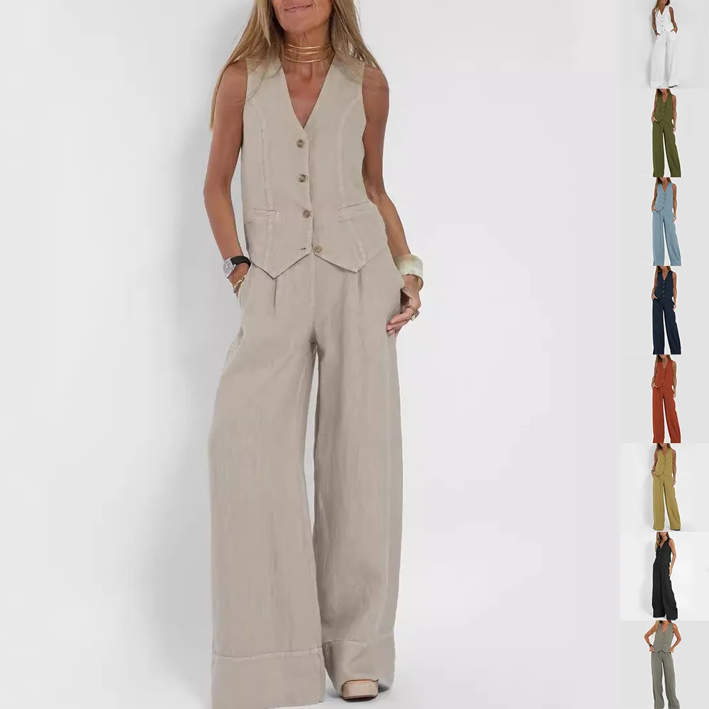 Summer Vest Suits V-neck Botton Sleeveless Top and Loose