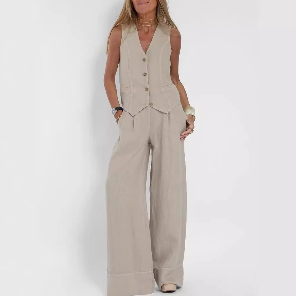 Summer Vest Suits V-neck Botton Sleeveless Top and Loose Straight Trousers