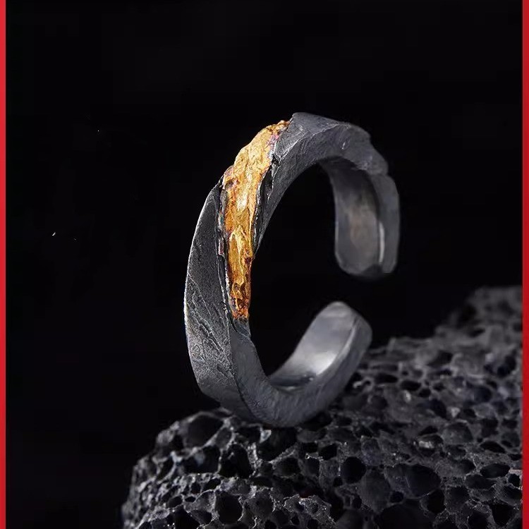 Trendy Sterling Silver Retro Personality Inlaid 24K Pure Gold Ring
