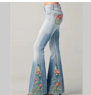 Temperament Commuter Floral Print Panelled Flare Jeans Light Blue - Shop at LoveMi