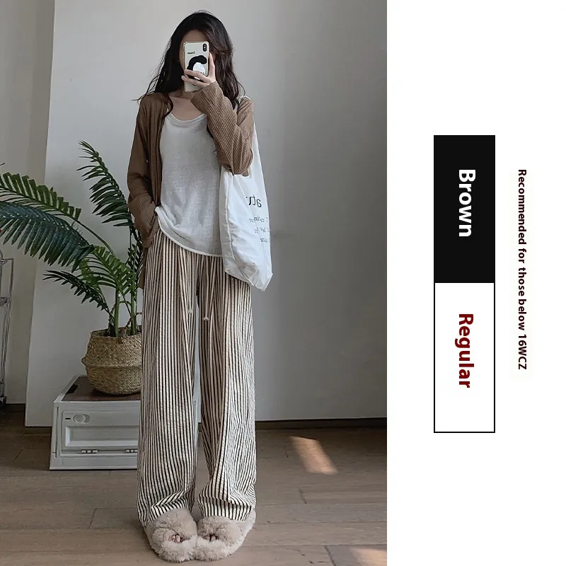 Two-tone Vertical Stripes Thin High Waist Casual Loose Wide Leg Pants - Brown