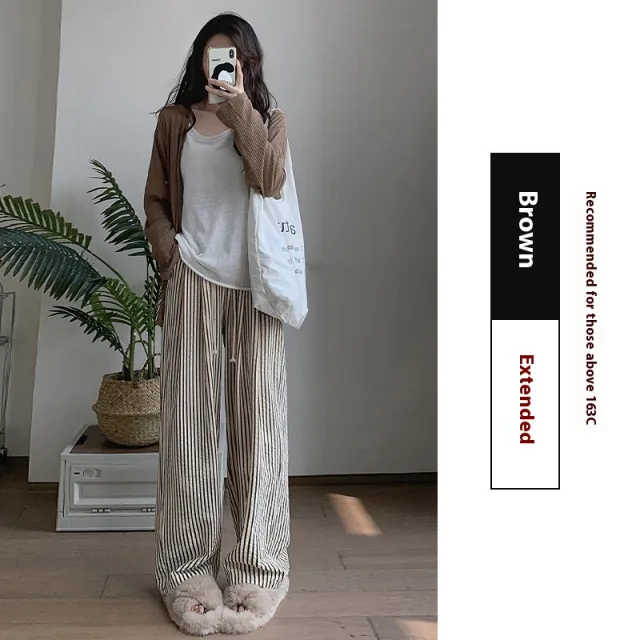 Two tone Vertical Stripes Thin High Waist Casual Loose Wide Leg Pants Brown H11883 - Shop at LoveMi