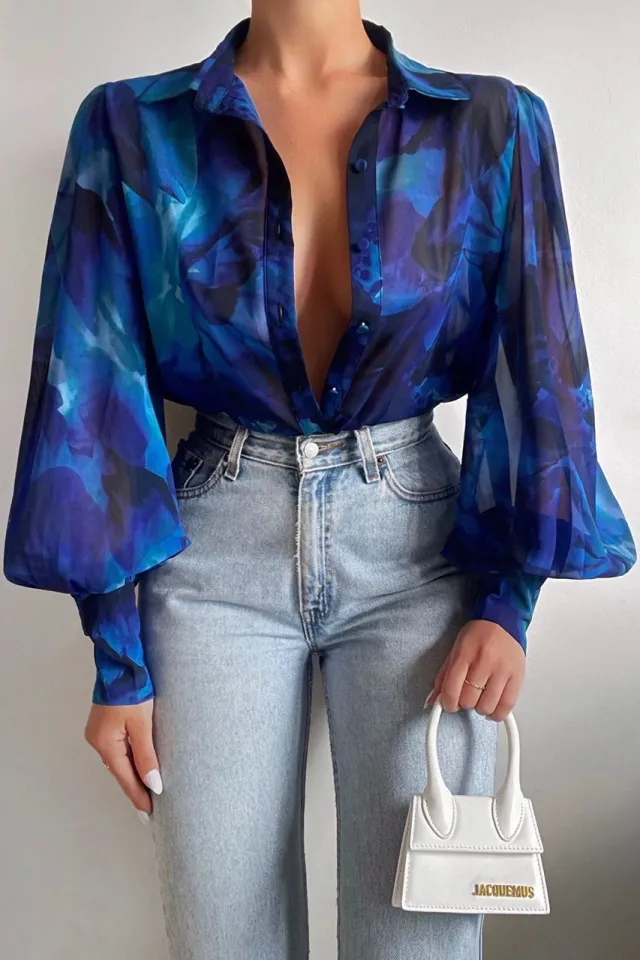 Long Sleeve Printed Shirt Women's Spring Single breasted Cardigan Blue 2 - Shop at LoveMi