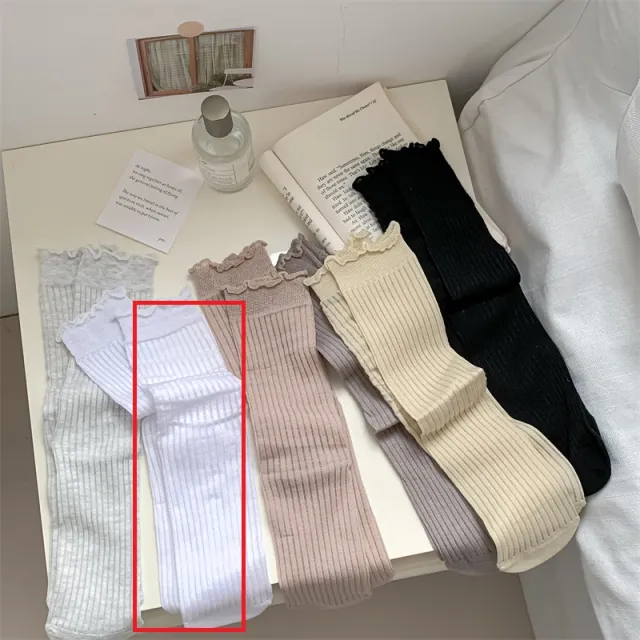 Solid Color Rib Fabric Wooden Ear Lady White Tube Bunching Socks White - Shop at LoveMi