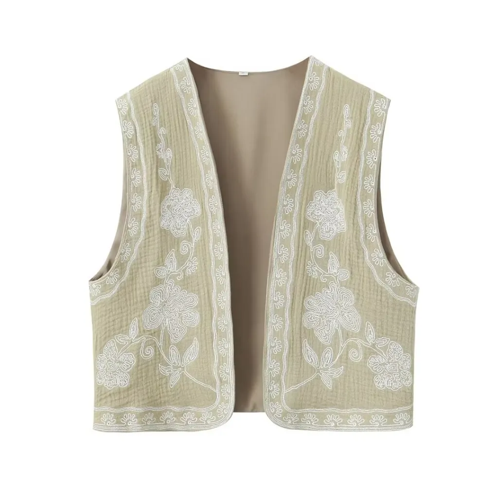 New Women's Embroidered Cardigan Vest - Beige