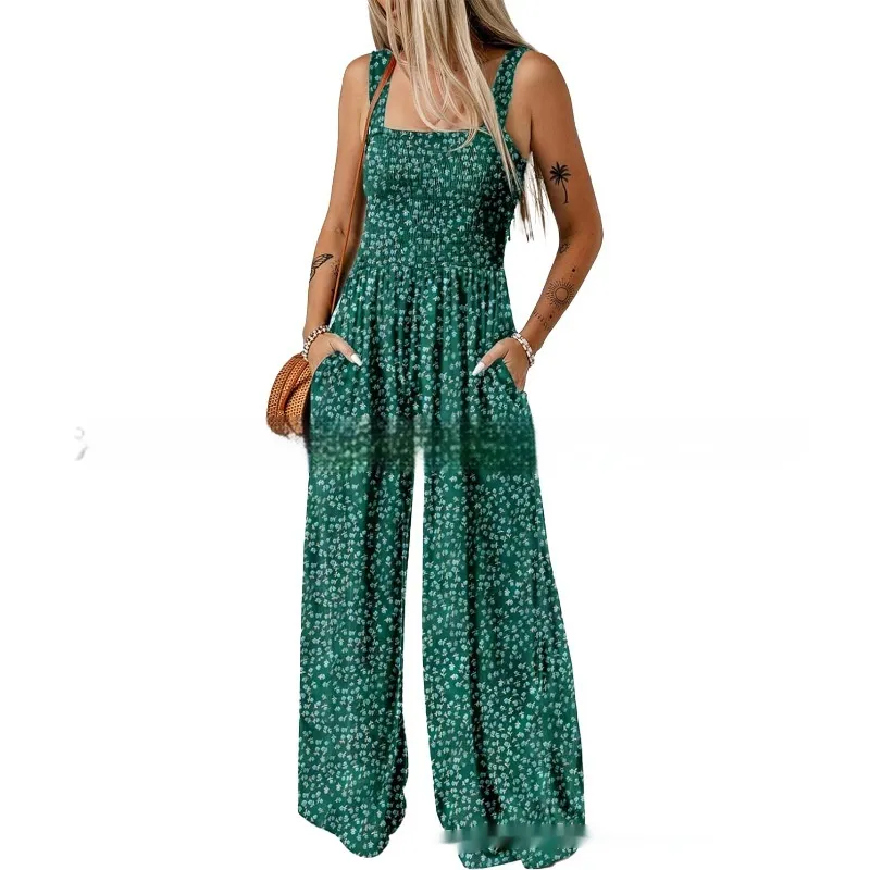 European And American Bohemian Spaghetti-strap Floral Print Overalls - Dark Green
