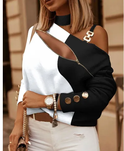 Printed Off the shoulder Long Sleeve Halter Metal Buckle Decorative Top Black And White A - Shop at LoveMi