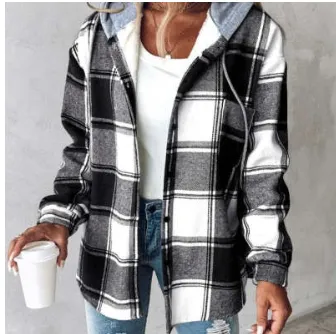 Plaid Hooded Jacket Fashion Casual Button Pocket Coat Autumn And Winter Women's Clothing Black - Shop at LoveMi