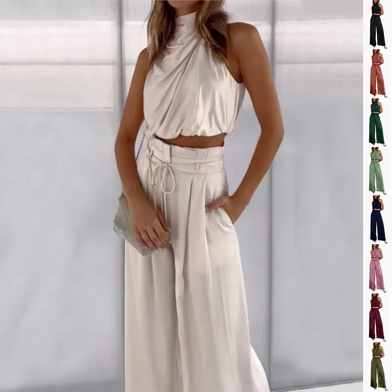 Summer Suits Casual Sleeveless Midriff-baring Top and Wide Leg