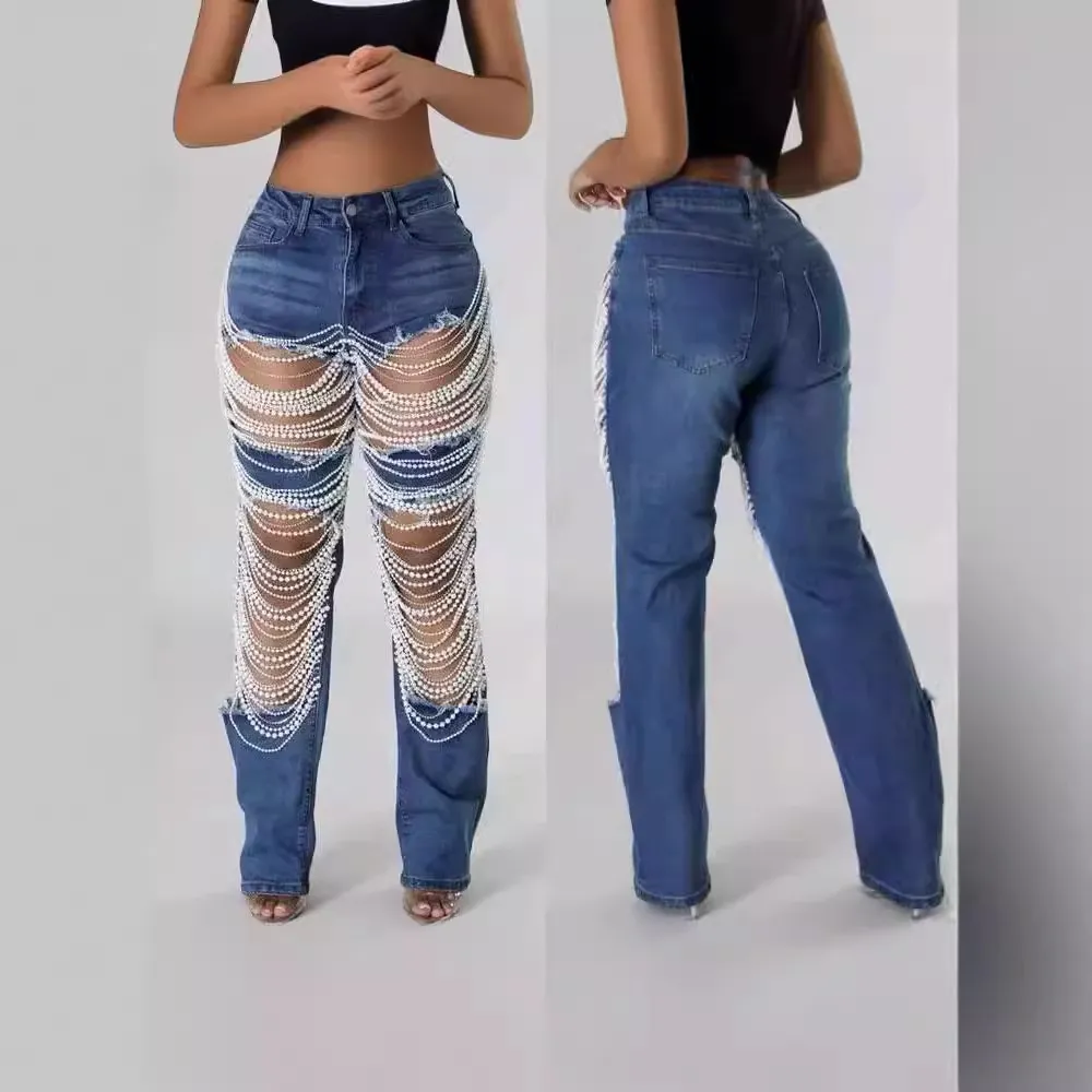 Female Creative Casual Bead Chain Jeans - Dark Blue