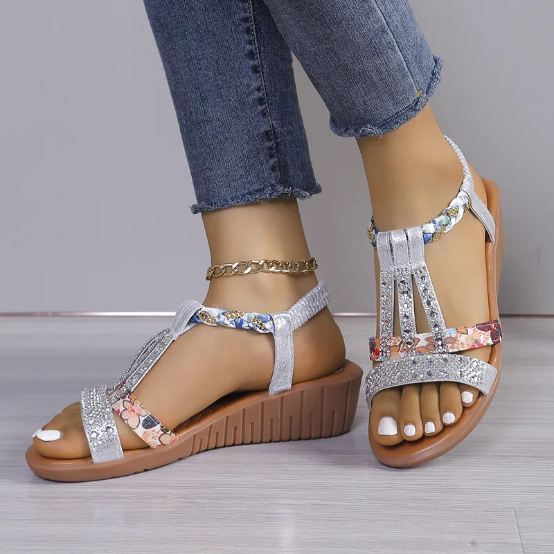 Casual Wedges Sandals With Rhinestone Summer Plus-size Peep-toe Roman Shoes - Silver