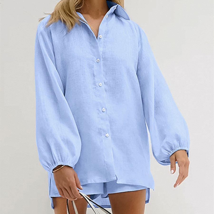 Loose Blue Cotton Long-sleeved Shirt And Shorts Two-piece Set