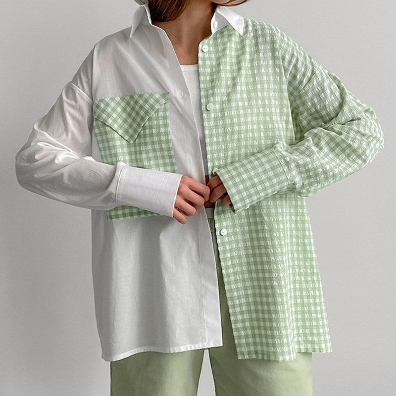 Contrast Color Check Simple Lapel Long Sleeve Shirt