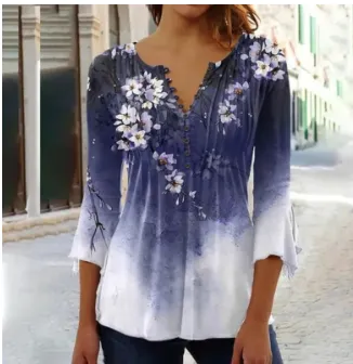 Women's Floral Printed V-neck Short Sleeve Button T-shirt - 5Color