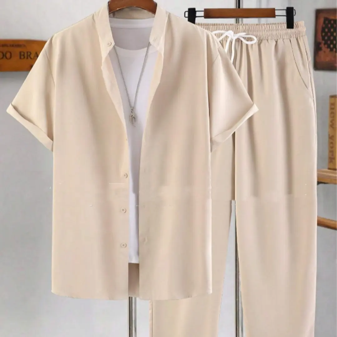 Men's Short Sleeve Cardigan Stand Collar Shirt
