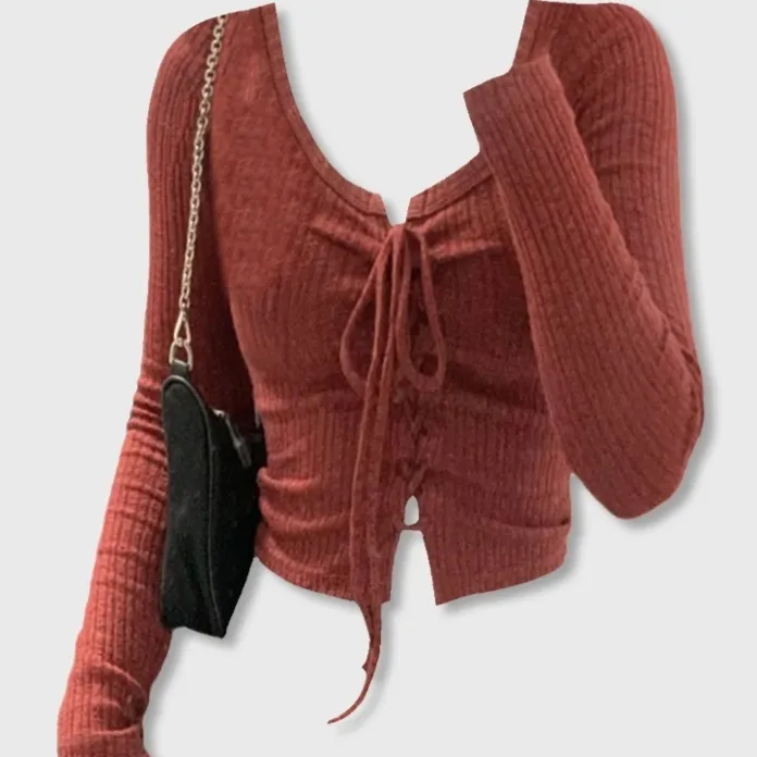 Niche Slim Fit Inner Wear Short Bottoming Sweet And Spicy Short Top - 28 Wine Red Long Sleeve