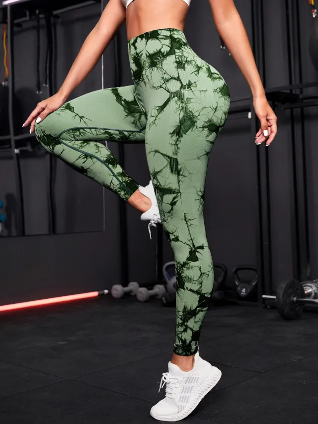 Tie Dyed High Waisted And Hip Lifting Fitness Pants Tie Dyed Army Green - Shop at LoveMi