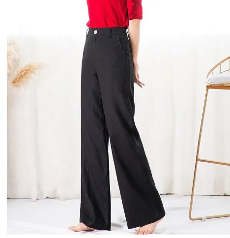 Loose And Thin Cotton And Linen Women's Drape High waist Straight Long Pants Black - Shop at LoveMi