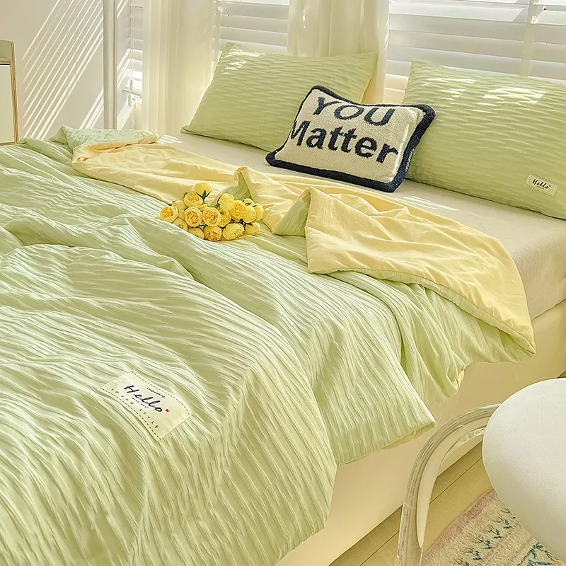 Korean Style Seersucker Washed Cotton Color Matching Bed Sheet Summer Quilt Four-piece Bedding Set Wholesale