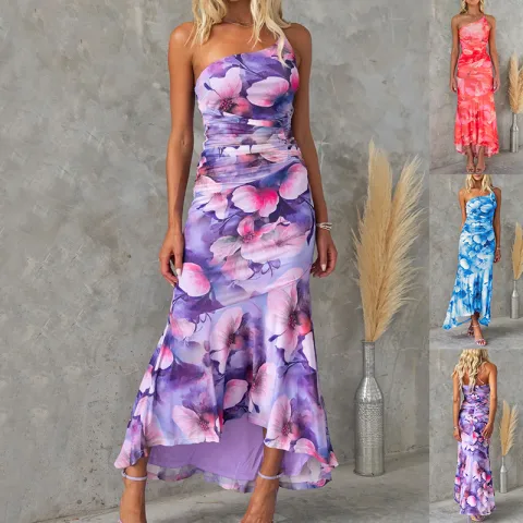Flowers Print One-shoulder Dress Summer INS Casual Suspender Long