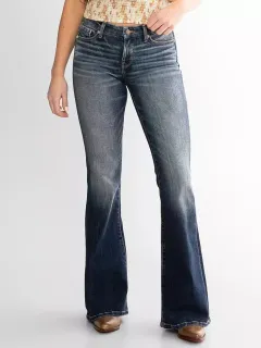 Ladies Mid Waist Slim Fit Stretch Retro Flared Jeans - Black - View 1