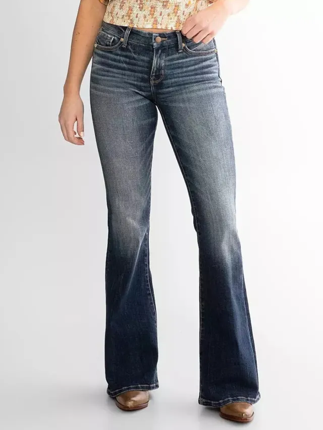 Ladies Mid Waist Slim Fit Stretch Retro Flared Jeans Black - Shop at LoveMi