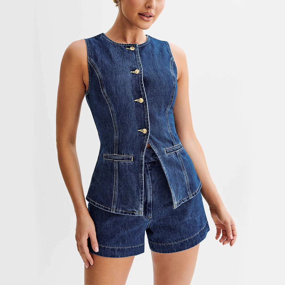 Fashion Denim Suit Summer Casual Sleeveless Button Vest Top And High ...