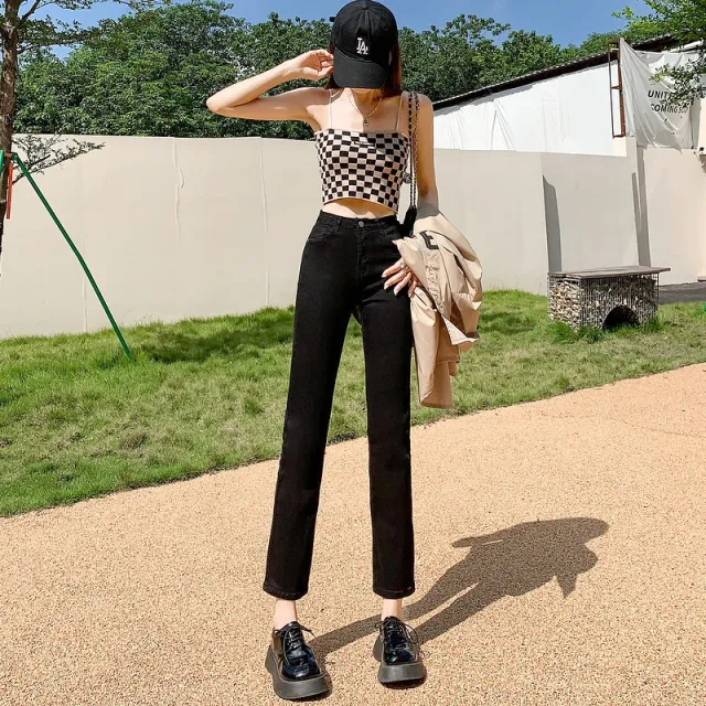 White Jeans Korean Style High Waist Stretch Cigarette Pants Small Cropped Straight Pants Black 9 Points - Shop at LoveMi
