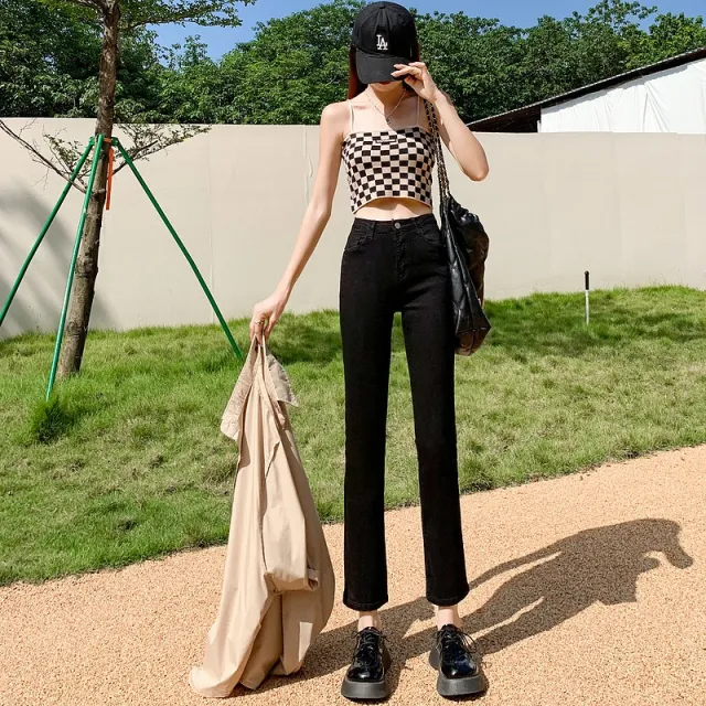 White Jeans Korean Style High Waist Stretch Cigarette Pants Small Cropped Straight Pants Black 8 Points - Shop at LoveMi
