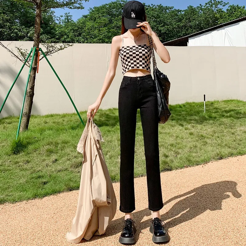 White Jeans Korean Style High Waist Stretch Cigarette Pants Small Cropped Straight Pants - Black 8 Points