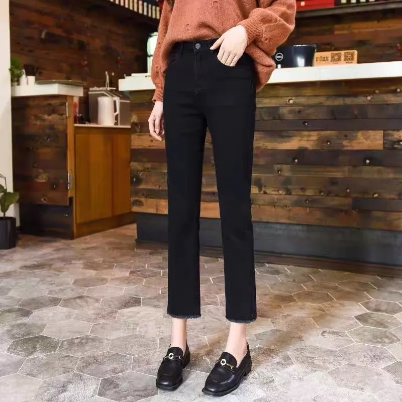 High Waist Slimming Cropped Spring And Autumn Straight Jeans - Black Cropped Raw Edge
