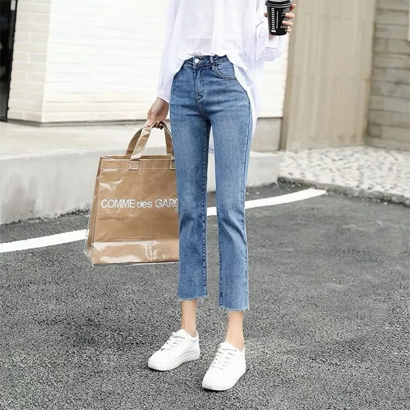 High Waist Slimming Cropped Spring And Autumn Straight Jeans - Light Blue Eight Wool Edge