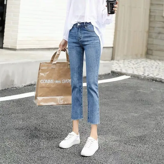 High Waist Slimming Cropped Spring And Autumn Straight Jeans Light Blue Eight Wool Edge - Shop at LoveMi