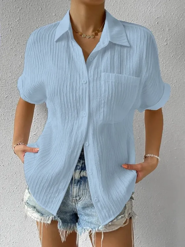 Women's Pure Color Comfort Casual Polo Collar Pocket Short Sleeve Shirt Light Blue - Shop at LoveMi