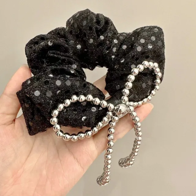 Bow Large Intestine Hair Band Silver Dots Retro Black Hair Ring - Shop at LoveMi
