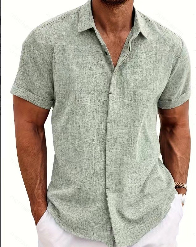 Men's Linen Short-Sleeved T-shirt - product image. Size: S,M,L,XL,XXL,XXXL. Color: Matcha color. Style: cardigan. Collar type: standing collar. Sleeve length: short sleeves. Main fabric: polyester fiber.