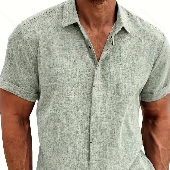 Men's Linen Short-Sleeved T-shirt - product image. Size: S,M,L,XL,XXL,XXXL. Color: Matcha color. Style: cardigan. Collar type: standing collar. Sleeve length: short sleeves. Main fabric: polyester fiber.