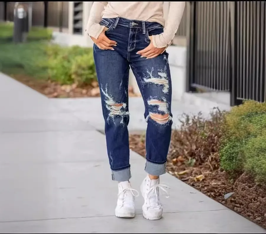 Cross Border Jeans Independent Station Ripped Mid Waist Pencil Pants Hip Hop Trousers - Dark Blue Regular