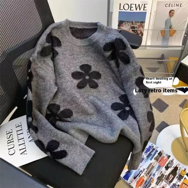 Design Flower Loose Slimming Pullover Round Neck Sweater Dark Gray - Shop at LoveMi