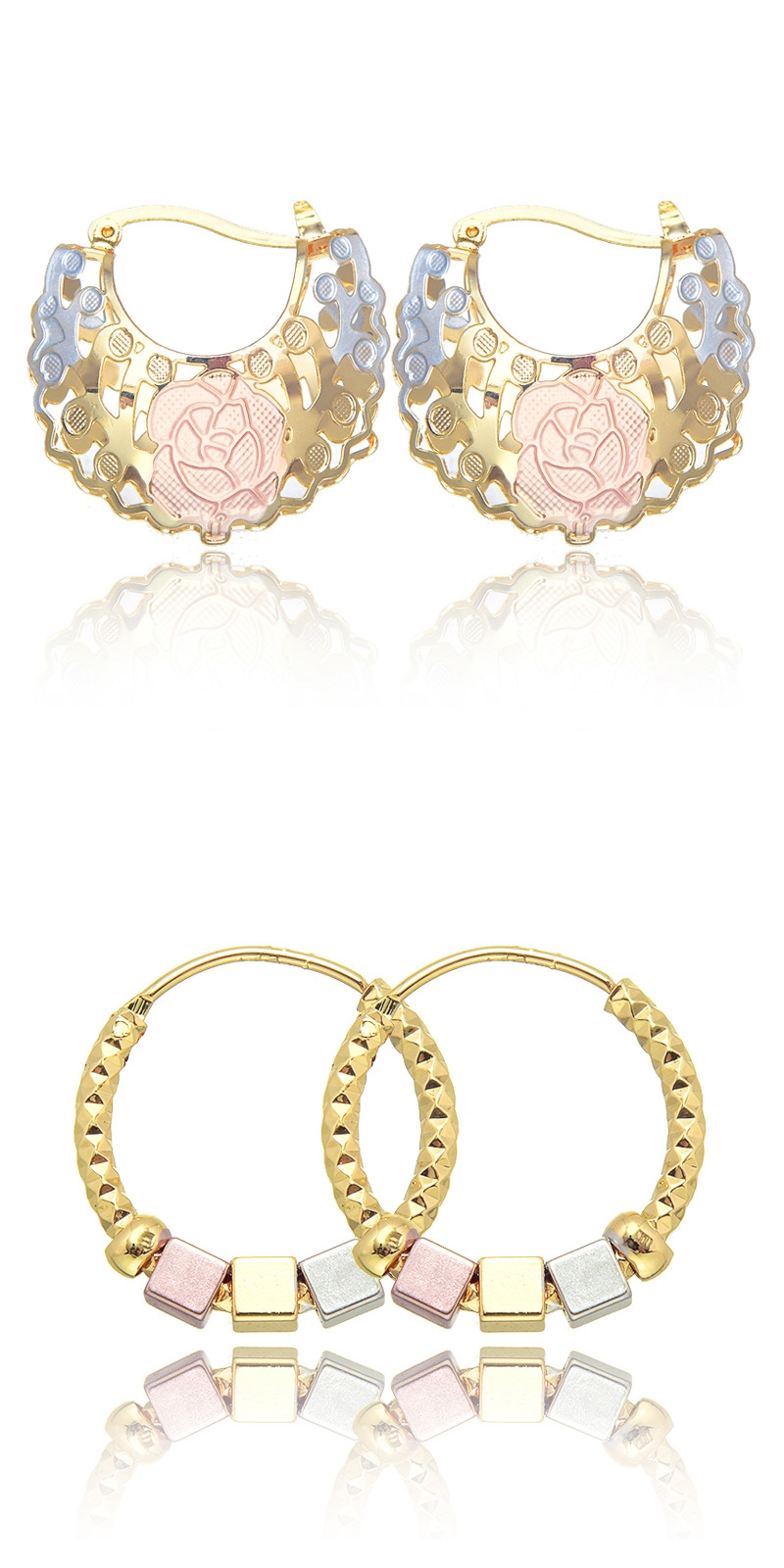 Gold contrast rosette hoop earrings. Specifications: Material: Copper Shape: geometric type Popular elements: circles, lines Packing list: Earrings *1 pair/Earrings *2 pairs. Image 1. Image 2. Image 3. Image 4. Image 5. Image 6. Image 7. Image 8. Image 9.