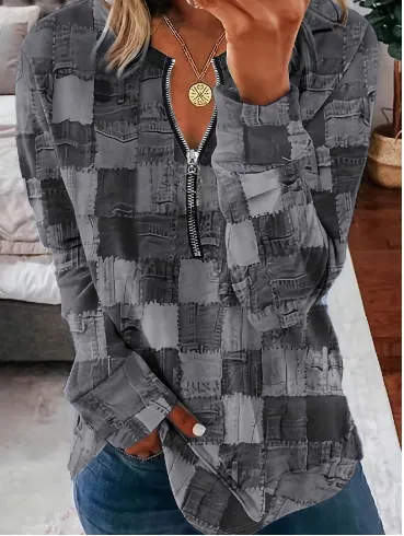 Faux Denim Printed Zipper Casual Top - A5-M