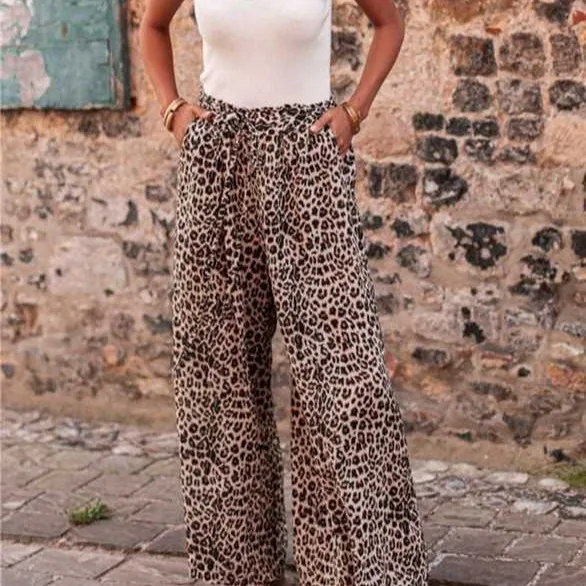 Simple Leopard Print Printed Pocket Wide Leg Trousers Leopard Print - Shop at LoveMi