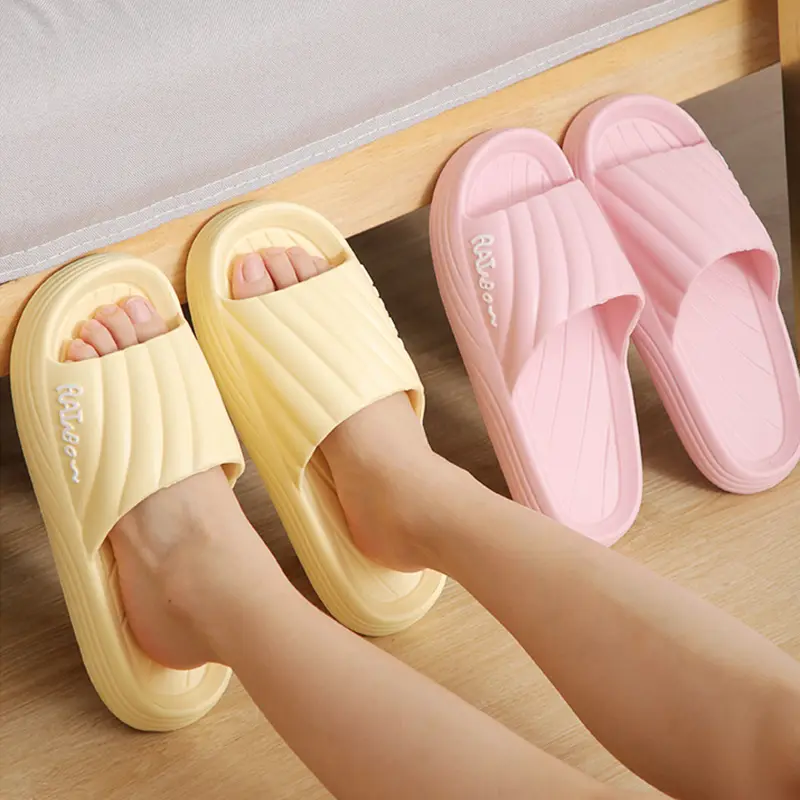 Solid Stripe Thick-soled Slippers Summer Non-slip Floor Bathroom Home Slipper For Women Men's House Shoes