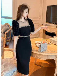 Round Neck Beaded White Slim Fit Long Dress - Black - View 1