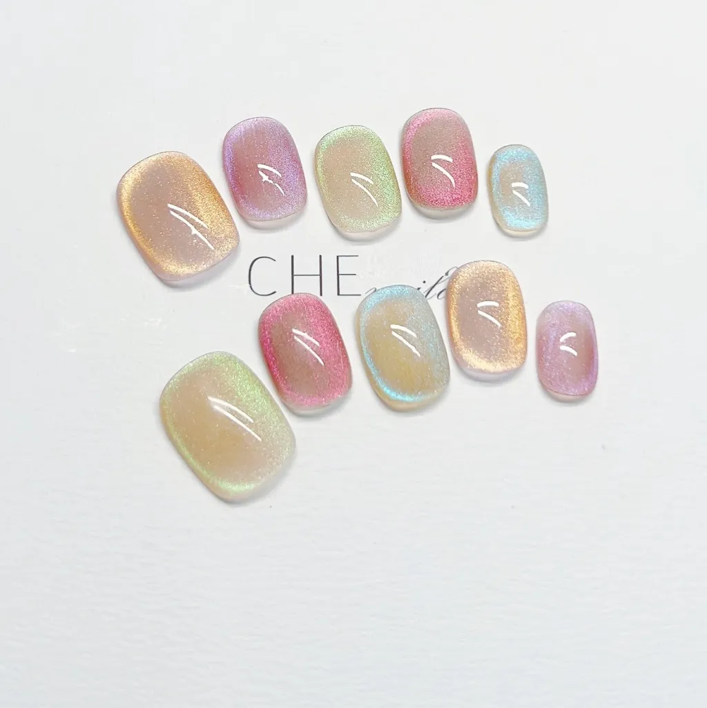 Hand-worn Nail Cat's Eye Dopamine Color Short Manicure - Short Square Circle