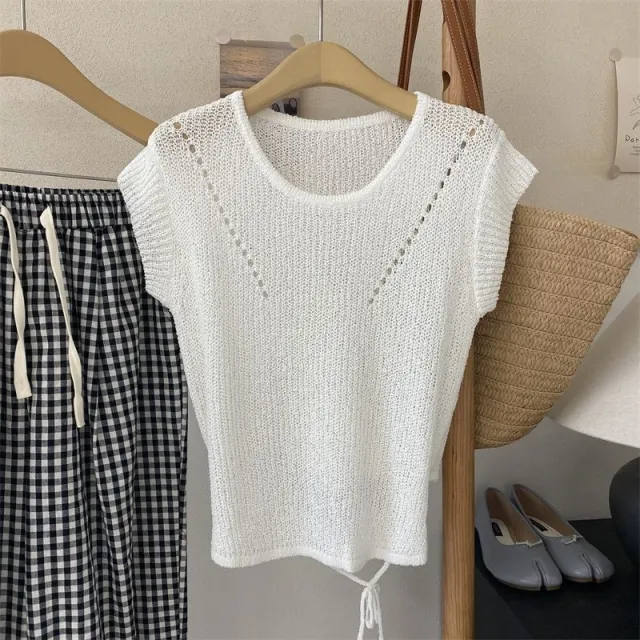 Hollow Sweater Round Collar Design Waist Lace up Midriff Outfit Ice Silk Top White - Shop at LoveMi