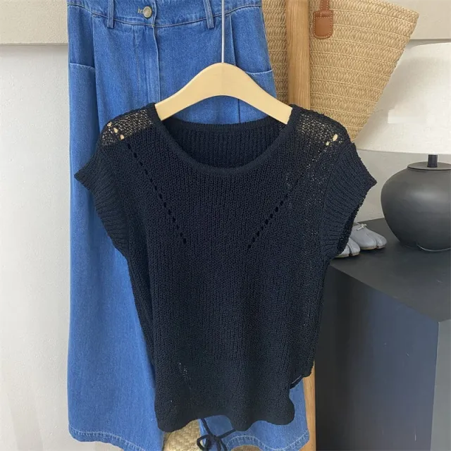 Hollow Sweater Round Collar Design Waist Lace up Midriff Outfit Ice Silk Top Black - Shop at LoveMi