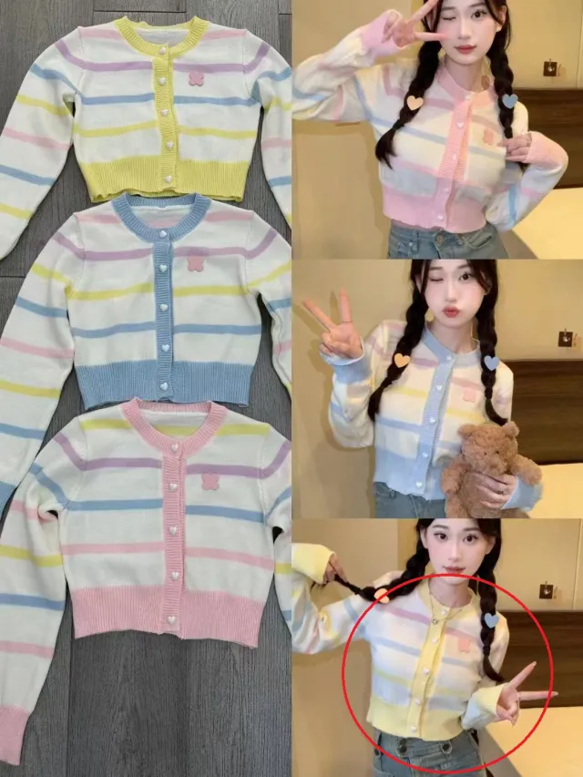 Heart Velvet Buckle Color Stripes Knitted Cardigan Top Yellow - Shop at LoveMi