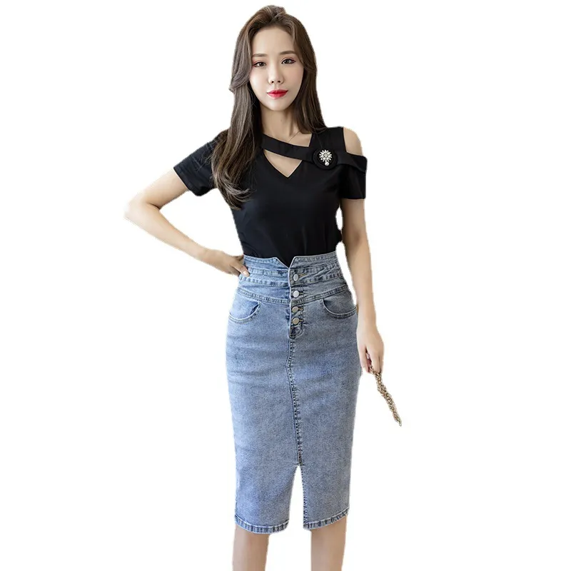 High Waisted Denim Wrap Hip Skirt Design - Light Blue