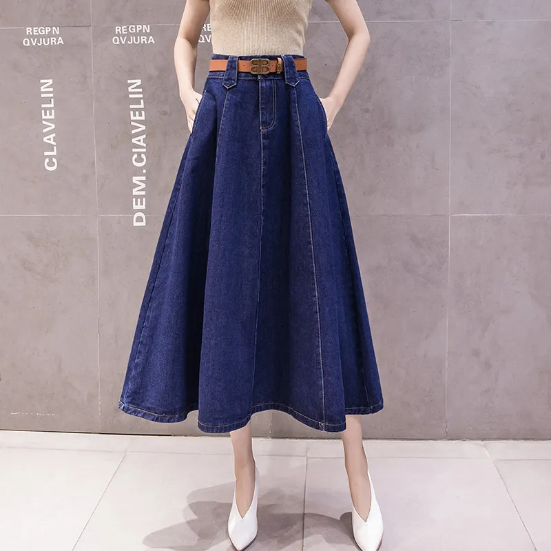 High Waisted Slimming Solid Color Patchwork Mid Length Skirt - Dark Blue